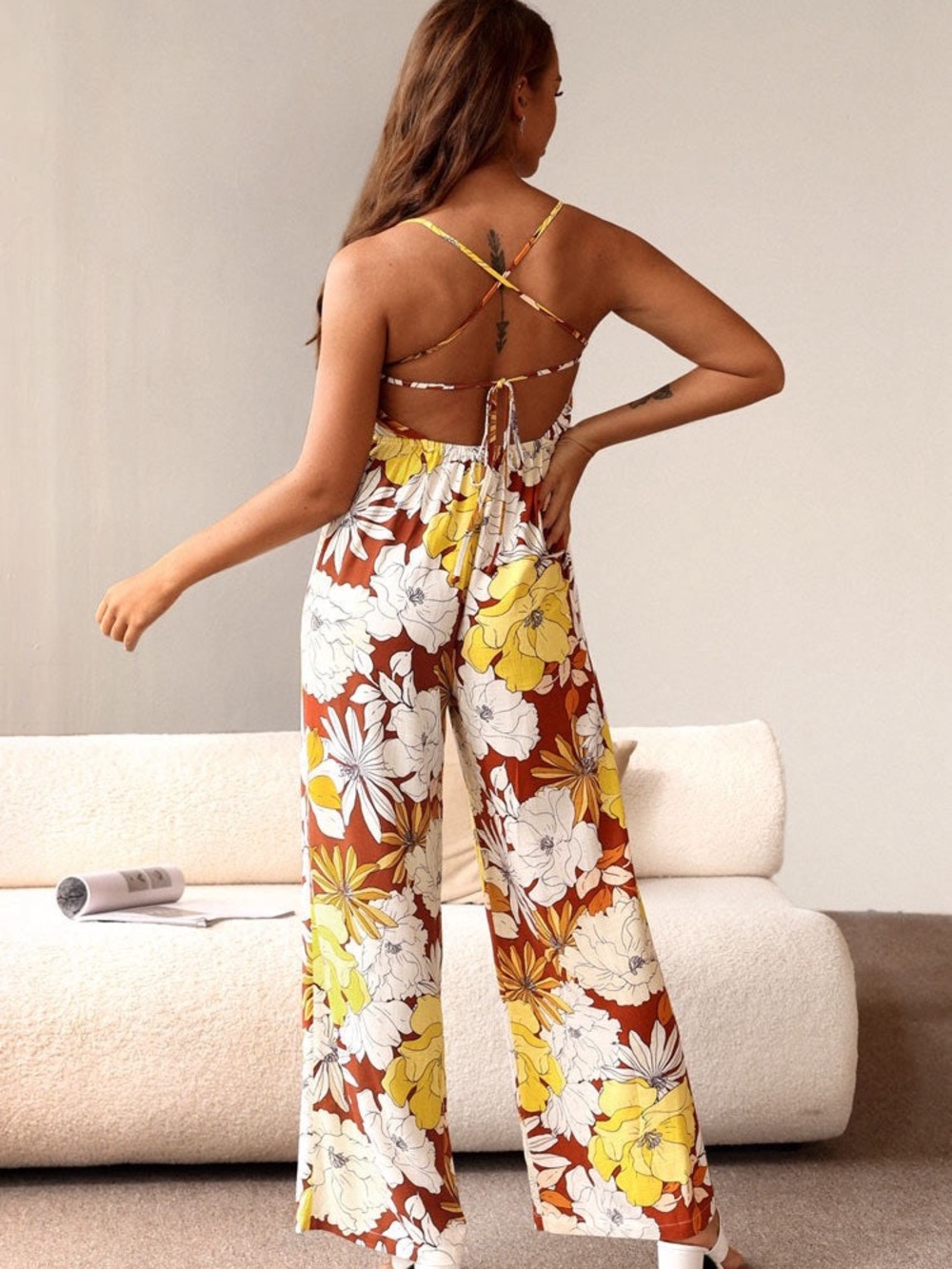 Floral Spaghetti-Strap Wide-Leg Jumpsuit - Brown & Yellow - Picture 2 of 7
